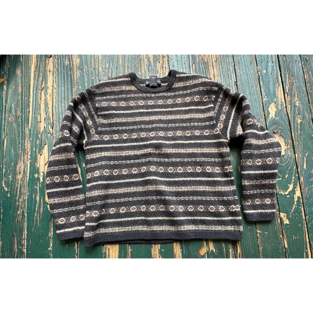 Banana Republic Mens Fair Isle Stripe Crewneck Sweater Gray Brown L A4623